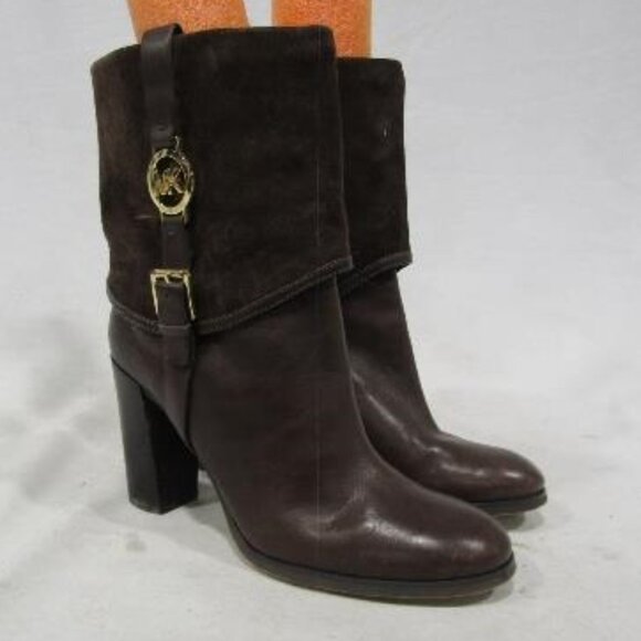Michael Kors Leather Block Heel Signature Boots Brown SZ 10M-VERY LIGHTLY USED - Picture 1 of 4
